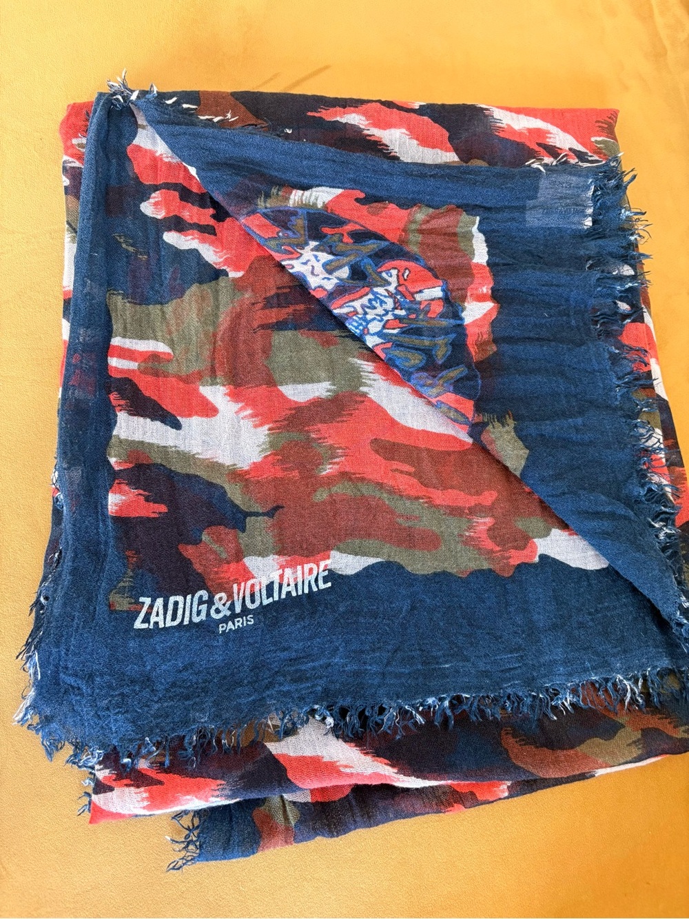 Zadig & Voltaire Camo Scarf Shawl Wrap Unisex Frayed Edge Oversized New